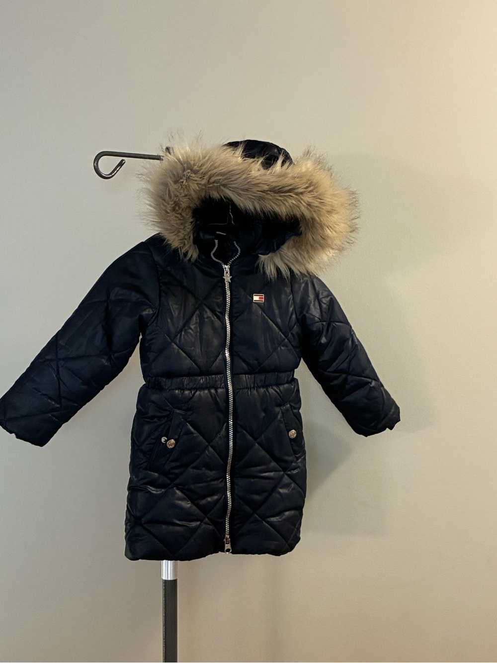 Tommy Hilfiger Diamond Quilt Long Hooded Puffer Jacket Navy Girl’s Sz 4